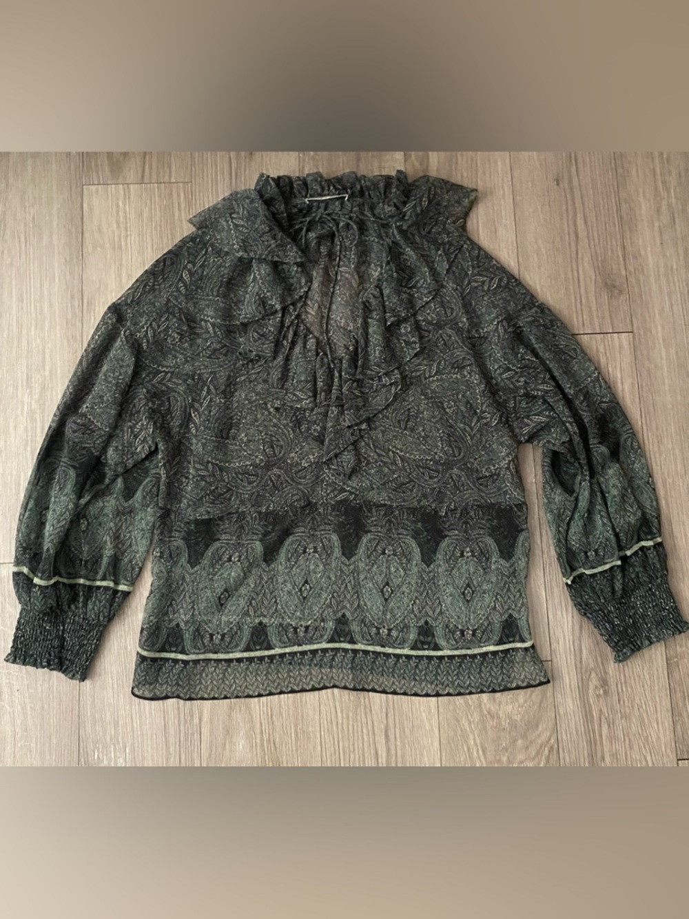 Alice + Olivia Dark Green and Black Ruffle-Tie Julius Blouse